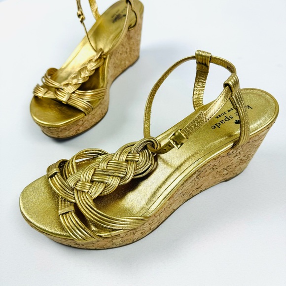 Kate Spade Becca Metallic Gold Braided Strap Cork Wedges - Picture 3 of 14